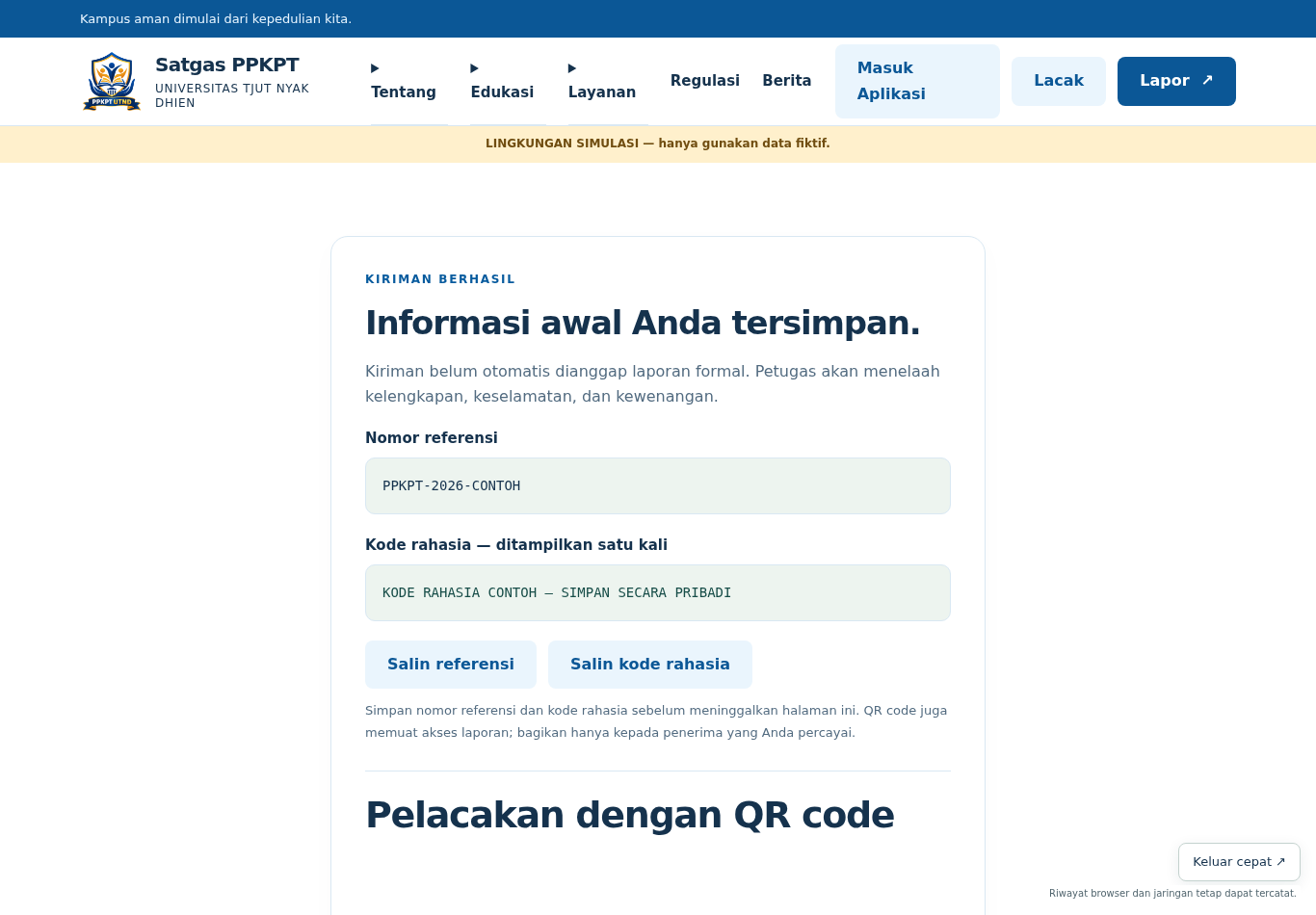 Konfirmasi pengiriman; kode asli dan QR disembunyikan pada contoh