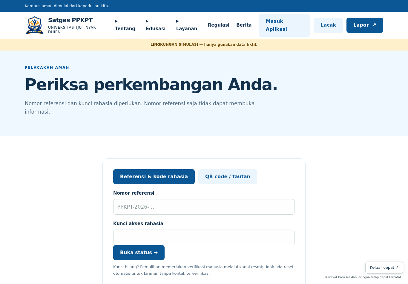Formulir pelacakan nomor referensi dan kode rahasia